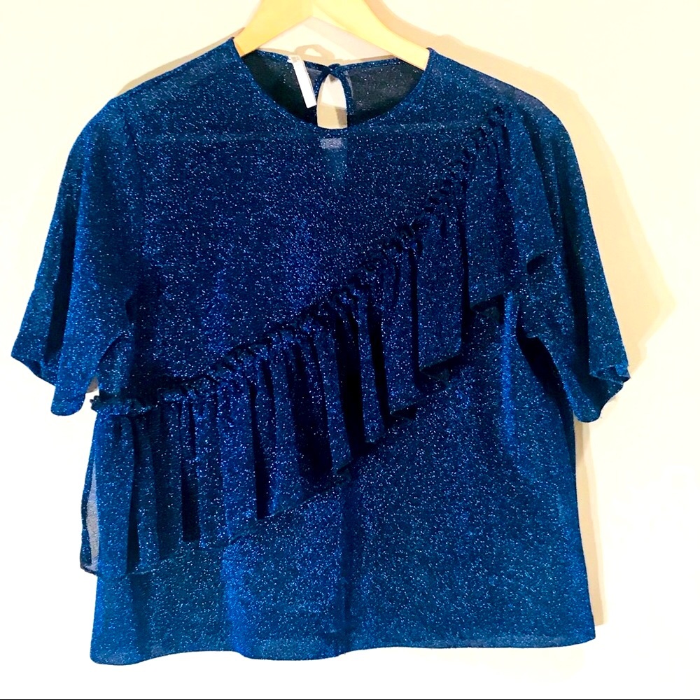 Alcoolique Blue Metallic Shimmer Ruffle Blouse Top